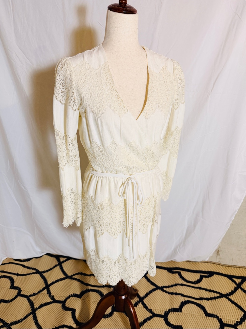 Wayf Cream Lace-Trimmed Wrap Dress romantic, embroidered,lace,regency.